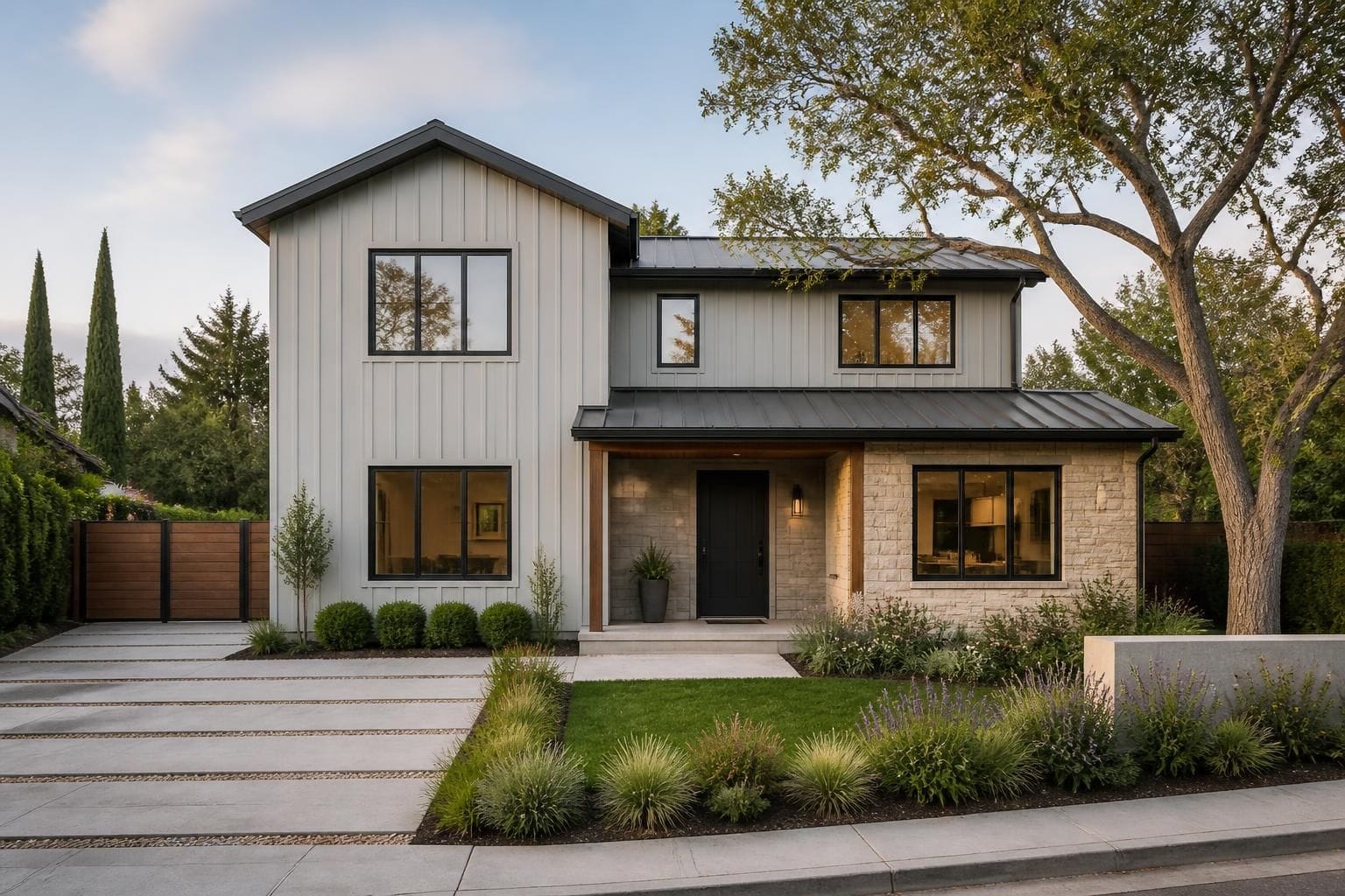 Contemporary home exterior with landscaped frontage
